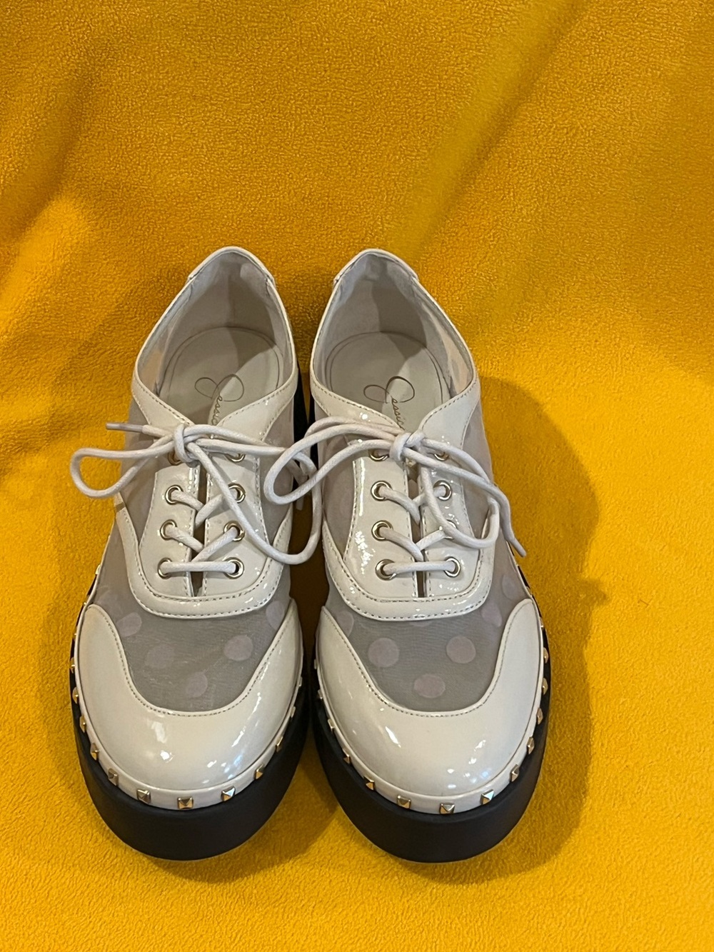 Jessica Simpson Chryse Polka Dot Flock Mesh & faux leather chunky oxfords. 6 - Picture 3 of 12